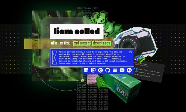 screenshot of the index page that is definitively "funky". I put the basic info there, like my name, my job title, a shot description and my social links.
But the design is messy, lot of shapes everywhere; pictures of lego bricks, film camera, plants, ...