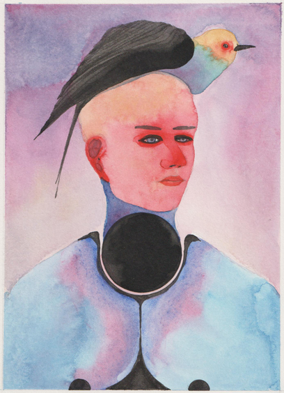 Un personnage avec un oiseau couché sur la tête, comme un chapeau.