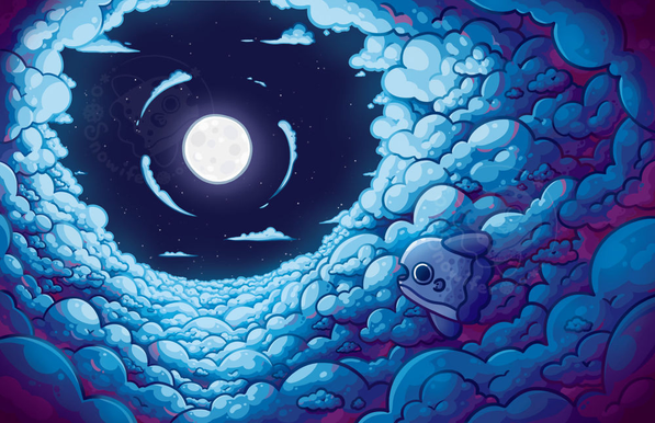 A mola flying in the night sky through blue and purple clouds