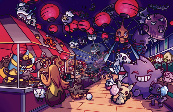 Various ghost type pokemon having fun at a night festival