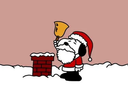 Snoopy, dressed as Santa Claus, rings a bell to solicit donations.