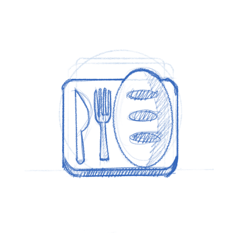 Scrummy app icon sketch. A cutting board with utensils and ... bread? Odd.