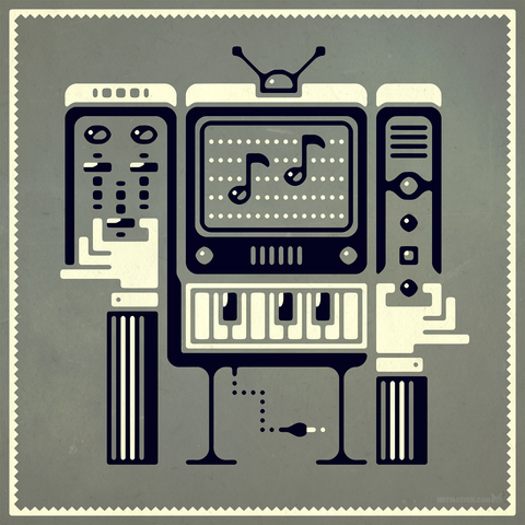 Retro cartoon style illustration, showing an old television set showing a simple music editor. In front of the TV is a music keyboard, and on both sides tof the TV are old music electronics with buttons and sliders, being controlled by two arms.