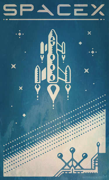 Retro-futuristic style SpaceX poster design, featuring a rocket lifting off from a base.