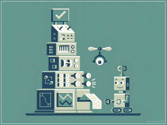 Graphic-style illustration of a large computer system with stacked components, controlled by a robot, and watched by an eye-shaped drone.