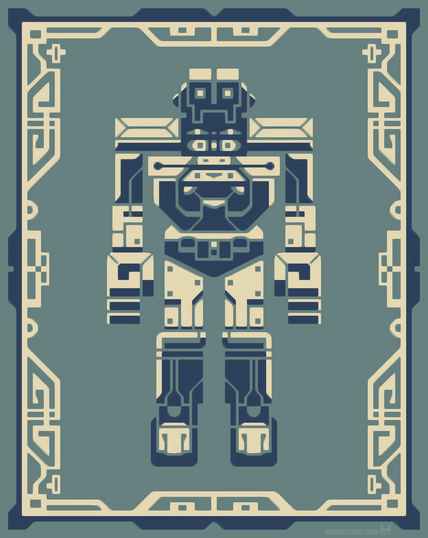 Graphic-style drawing of an angry mecha robot in an orthographic perspective.