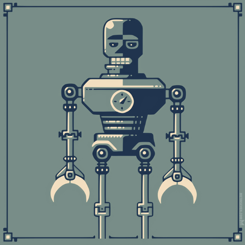 Whimsical robot design in a graphic style.