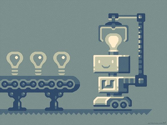Graphic-style illustration, showing a conveyor belt with light bulbs, and a robot at the end, inserting a light bulb into his head and turning it on.