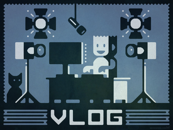 Graphic-style illustration of a vlogger sitting behind his computer, surrounded by cameras, lights and a microphone.