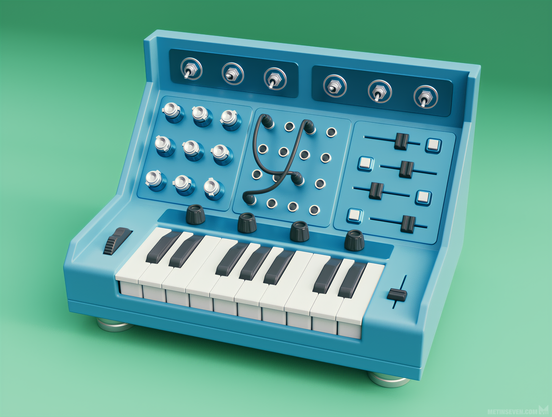 Blue variation of an imaginary synthesizer design with integrated small keyboard.