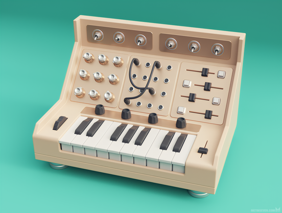 Beige variation of an imaginary synthesizer design with integrated small keyboard.