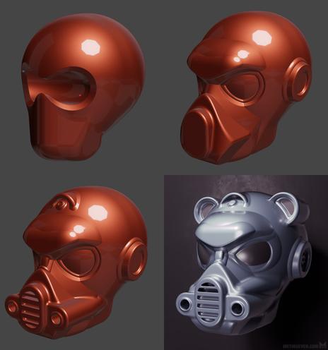 Four creation stages of a slightly retro-style 3D science fiction robot head design.