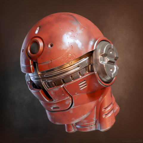 Weathered 3D science fiction robot head design.
