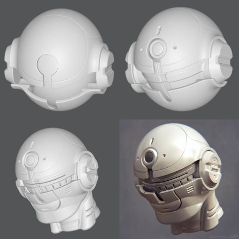 Four creation stages of a weathered 3D science fiction robot head design.