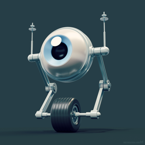 3D unicycle spy robot character design, featuring a large mechanical eye.