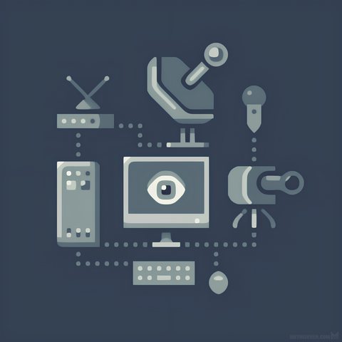 Graphic-style icon designs of digital communication hardware, such as a satellite dish and a modem.