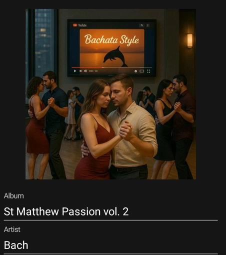 AI slop of modern couples dancing (tango?) in front of a screen with a youtube video of a dolphin titled Bachata Style. Wtf? Supposedly, this represents St Matthew Passion by Bach. Seriously, AI is like irreparable cognitive impairment resulting from a severe brain trauma.