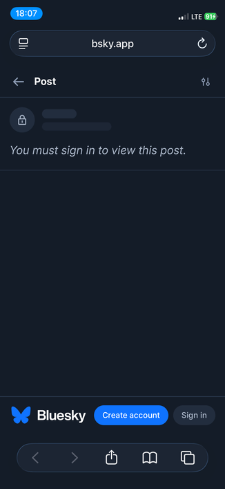a screenshot of a blank screen after clicking on a link to a Bluesky reply from my Mastodon account posted by someone on BS and fed through my Brdgy connection