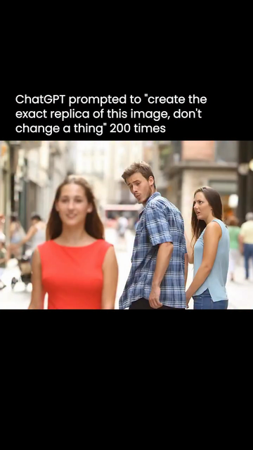 A video that shows 200 images generated by an AI model tasked with recreating the famous "girlfriend meme" image 200 times, without changing anything.