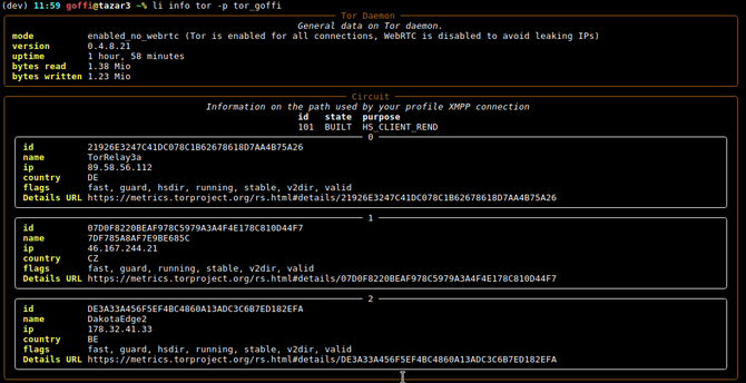 Screenshot of the Libervia CLI frontend, showing the status of the Tor daemon, and the Tor circuit used to connect to the XMPP server.

The first part says:
 Tor Daemon 
                                                      General data on Tor daemon.                                                      
 mode          enabled_no_webrtc (Tor is enabled for all connections, WebRTC is disabled to avoid leaking IPs)                         
 version       0.4.8.21                                                                                                                
 uptime        1 hour, 58 minutes                                                                                                      
 bytes read    1.38 Mio                                                                                                                
 bytes written 1.23 Mio                                                                                                                

Then we can see the 3 relays used, their id, name, ip, country, relay flags, and a link to the corresponding https://metrics.torproject.org detail page.
