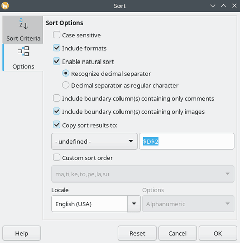 Screenshot of Sort Options