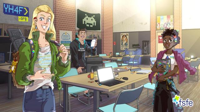 FSFE's "Youth Hacking 4 Freedom"-picture - Showing young people in a hacker-space like environment.
