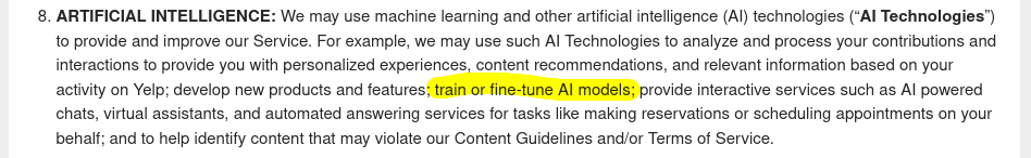 Yelp's new privacy policy, which says they can use your content to "train or fine-tune AI models".