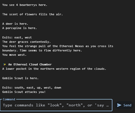 A typical goblin encounter experienced on a text-based MUD. Nature is naturing, goblin is goblin-ing