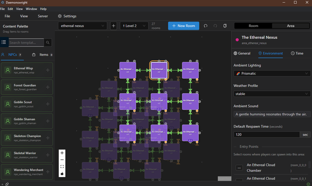 A visual room editor for a MUD: purple interconnected nodes are the main feature, surrounded by panels for dropping in NPCs and modifying the room features