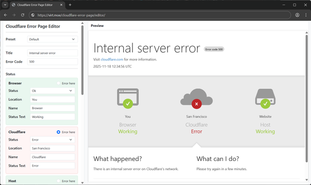 Editor to generate a fake internal server error page complete with You, Cloud, Server in red and green