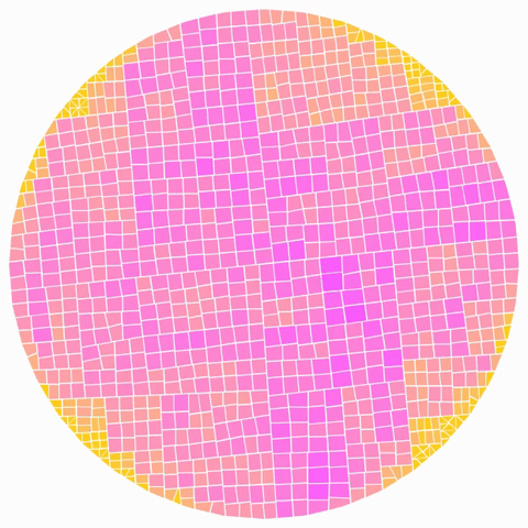 Stop frame animation of a randomized abstract composition of initially thousands of small polygons, slowly converging into only a handful of larger cells/shards. The animation shows the recursive subdivision process in reverse order, i.e. the larger cells at the end are actually some of the first polygons created by randomly slicing the seed polygon (a circular 40-gon). The area/size of each individual poly is mapped to a color from a gradient, with small polys in orange/yellow/pink and large ones a deep blue