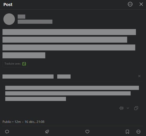 Capture d'écran de l'interface de Phanpy sur un message (caché) oui l'on voit le bouton en dessous du texte pour traduire avec Kagi