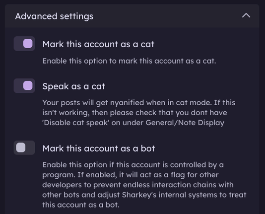 Misskey/Sharkey's advanced profile settings, featuring options for "marking this account as a cat" and "speaking as a cat". The OP has of course enabled them.