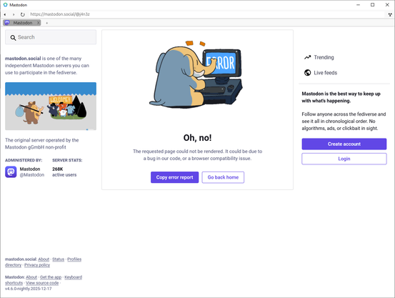 Screenshot of mastodon.social opened in the Servo browser. It's broken.