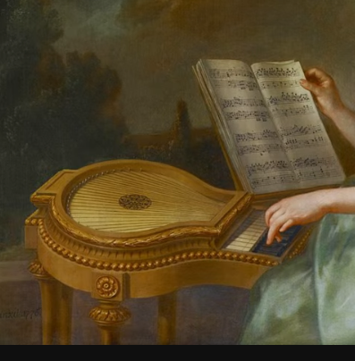 Image of unknown type of piano that looks like a horizontal banjo with piano keys.  It's fairly short, maybe 2 1/2 feet off the ground.  Seen in a painting showed on a video by YouTube Channel "Frontier Patriot."