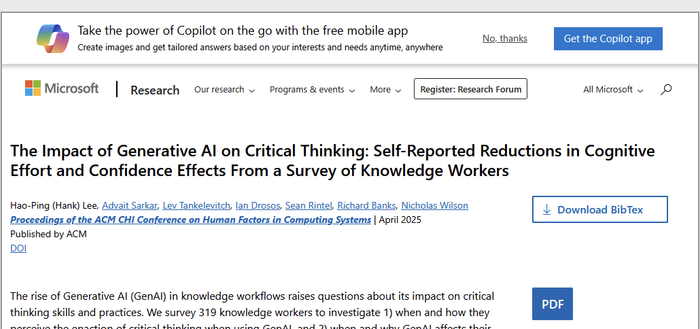 Screenshot of page for a scientific paper, titled "The Impact of Generative AI on Critical Thinking: Self-Reported Reductions in Cognitive Effort and Confidence Effects From a Survey of Knowledge Workers".

Right above the paper is an advertisement for Microsoft Copilot.