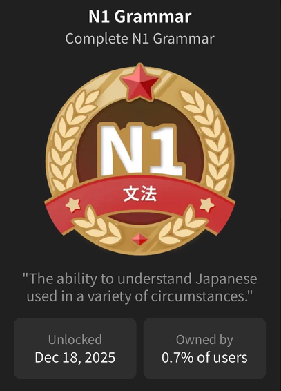 A bunpro.jp badge: “N1 Grammar”

The text of the badge:

Compete N1 Grammar.

“The ability to understand Japanese used in a variety of circumstances.”

Unlocked: Dec 18, 2025
Owned by: 0.7% of users
