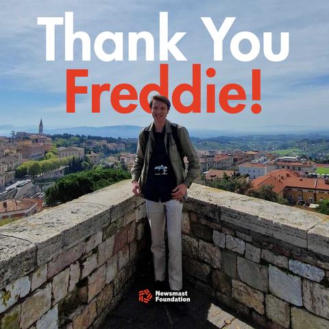 An image of Freddie smiling into the camera with text reading: "Thank you Freddie!"