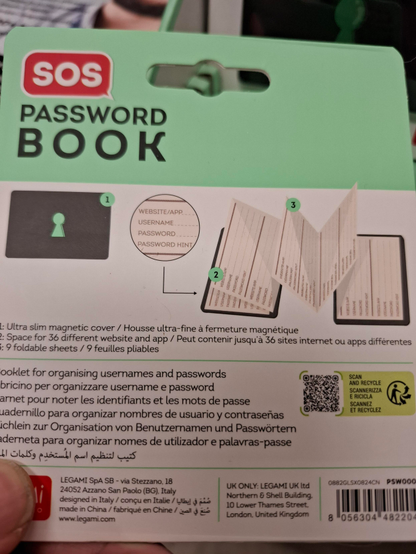 Backcover of the "password book" packaging.