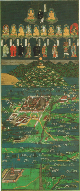 A hanging scroll of the Kasuga Miya Mandara (春日宮曼荼羅), a mandala depicting the #Buddhist deities manifesting as the local Kasuga deities at Kasuga Taisha Shrine (春日大社) in #Nara, the sacred grounds of which are visible below. Color on silk dating to the 14th century from the collection of the Seikadō Bunko Art Museum (静嘉堂文庫美術館) in #Tokyo, #Japan.
#BuddhistArt #Buddhism