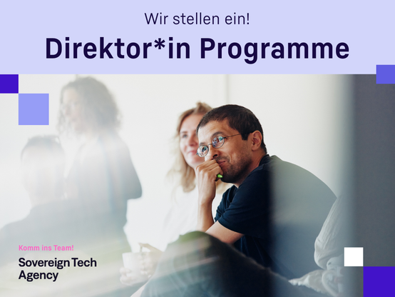 Wir stellen ein! Grafik mit ein paar Mitgliedern vom Sovereign Tech Agency-Team, die teilweise sichtbar sind, und den Worten „Direktor*in Programme“ mittig und „Komm ins Team! Sovereign Tech Agency“ unten links.