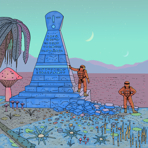 Two spacefarers by a blue alien monument with a humanoid face on the top and some inscriptions in an alien language, looking out over a vast purple jungle down below. There are two moons in the sky. It is a digital drawing in the ligne claire tradition.