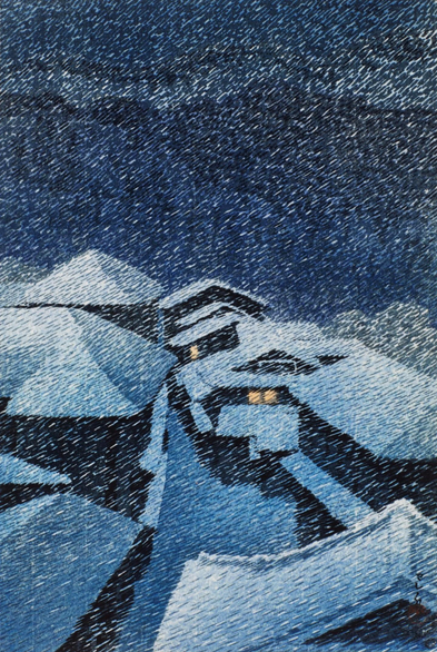 A dark winter evening, as an intense blizzard descends on a village street in Japan. Layers of snow covers the ground and the rooftops of the buildings. Warm lights glow in a few windows, but there is no sign of human activity outdoors. The evening gloom and the wind-driven snow reduce visibility to the point where the buildings are just blocky silhouettes; there are shadowy hints of mountains in the distance beyond, but the details are lost in the night.