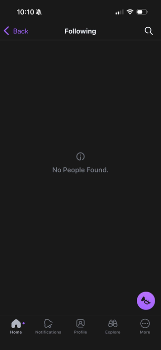 A dark interface of a social media app displaying the message "No People Found" under the "Following" section. Navigation icons are visible at the bottom.