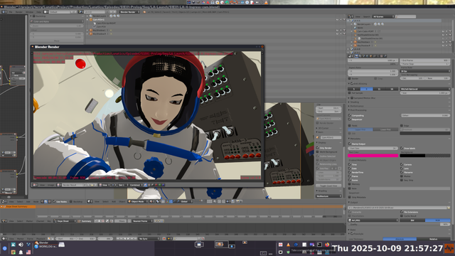 A shot from "Lunatics!" loaded in Blender. A window with a rendered image is in front. Behind we can see a bit of the 3D view, the node-based compositor (left), the properties panel (right), two outliner panels (top and upper right, and dope sheet and timeline (bottom).