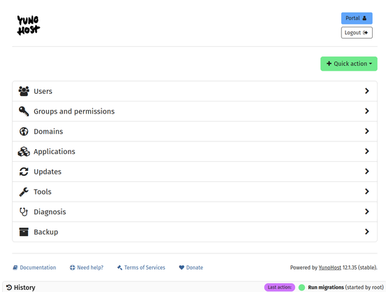 YunoHost through-web management interface, with access to "Users", "Groups and Permissions", "Domains", "Applications", "Updates", "Tools", "Diagnosis", and "Backup".
