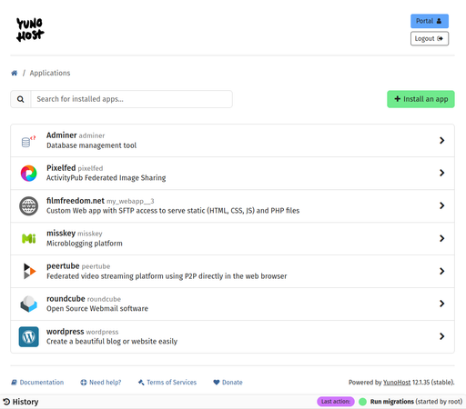 YunoHost "applications" interface, showing "Pixelfed", "Misskey", "PeerTube", "Wordpress" applications installed, along with a customized static site and a couple of utility applications.