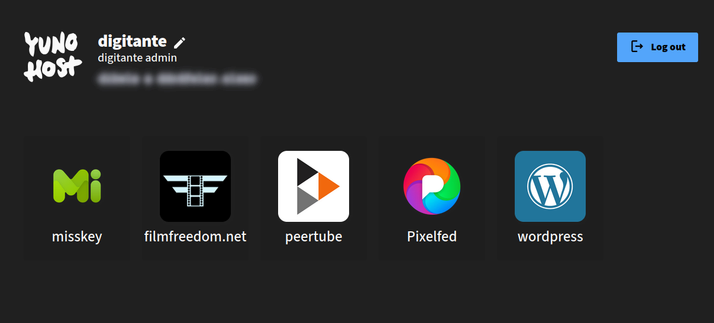 Regular logged-in portal interface for YunoHost, showing five apps: Misskey, Peertube, Pixelfed, Wordpress, and a custom website app.