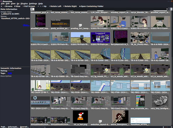Screen capture of Gwenview, with a folder full of images opened up (mostly test renders from Lunatics, and a few screen captures).

The images are displayed in a grid. There's a sidebar with details for the currently selected image.