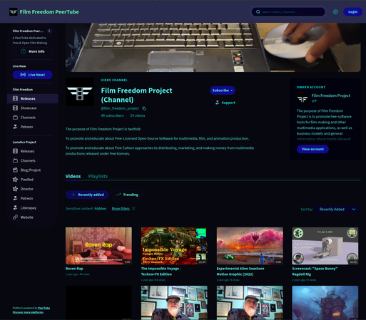 Film Freedom project channel page on our Film Freedom PeerTube site.

There's a top banner, avatar, and channel name. Below are videos listed from the project, including some of my experimental work.